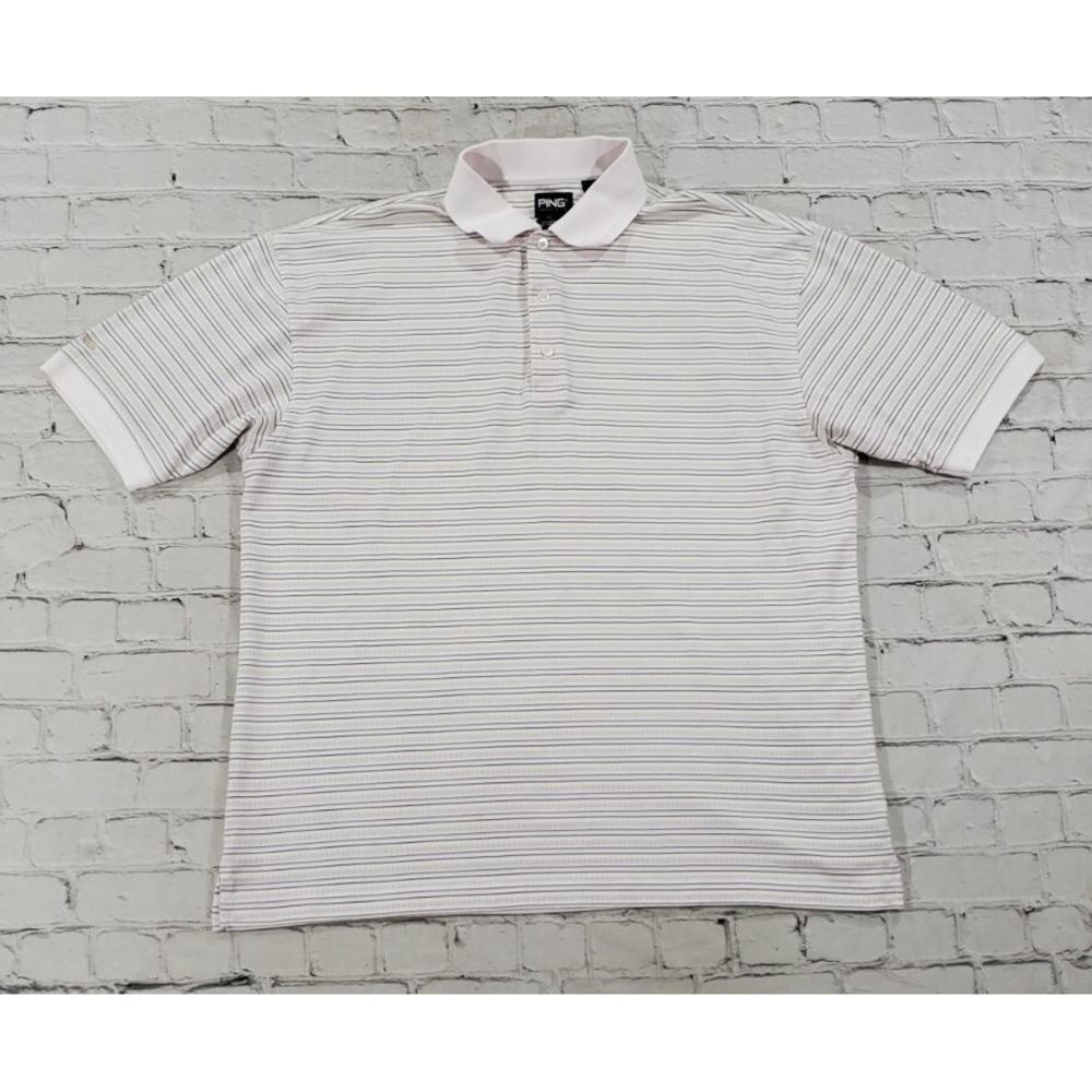 Ping Golf Polo Shirt Beige Stripe Short Sleeve Mercerized MENS SIZE LARGE